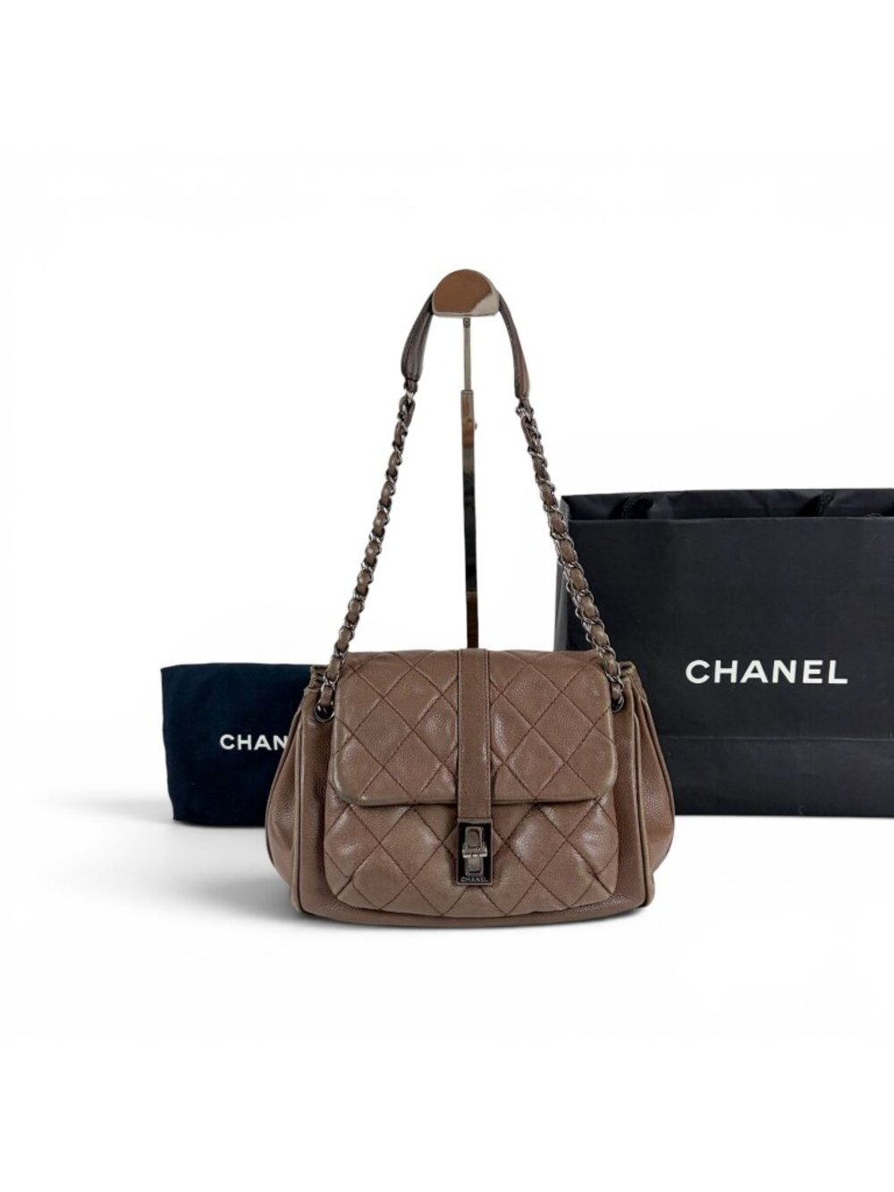 Chanel 2.55 Chain Shoulder Bag Caviar Leather Mademoiselle Lock Quilted Brown